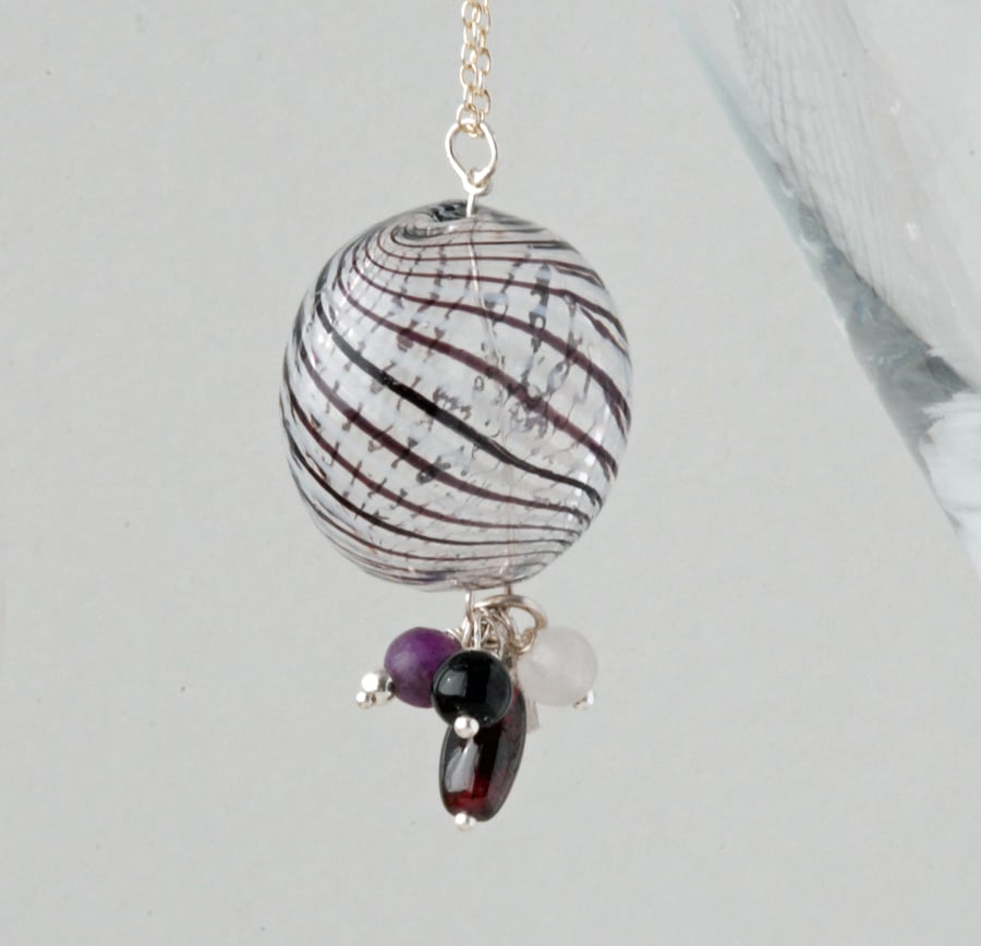 black and white blown glass pendant with silver heart 
