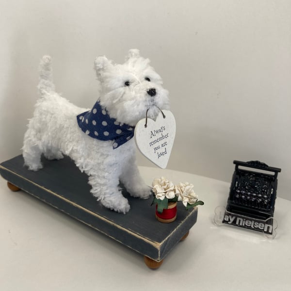 Fluff the Westie - Handmade Mini Dog on a Wooden Stand
