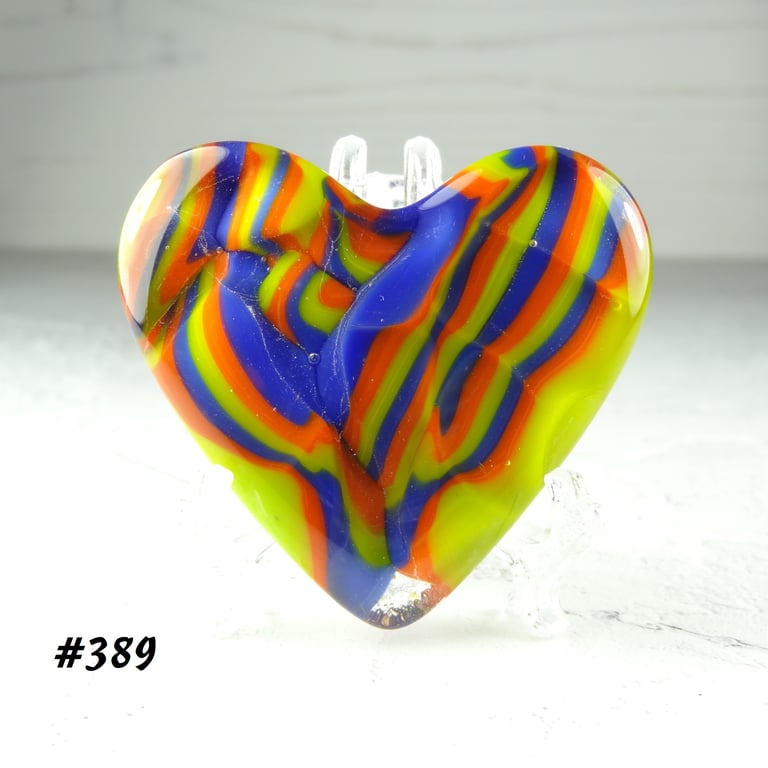 Blue yellow orange fused glass heart with acrylic stand, 5x4.5cm (389)