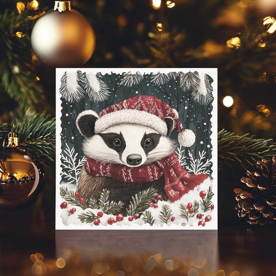 Badger Christmas Card Snow Flake Festive Card Personalised Custom Xmas 0348