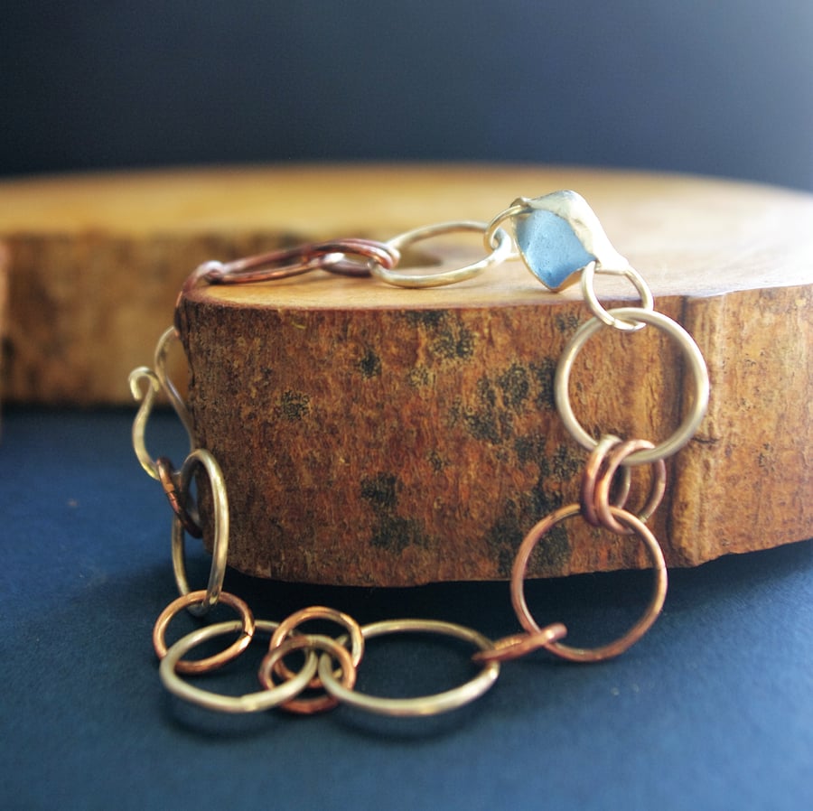 Silver, Copper and Blue Sea Glass  Link Bracelet