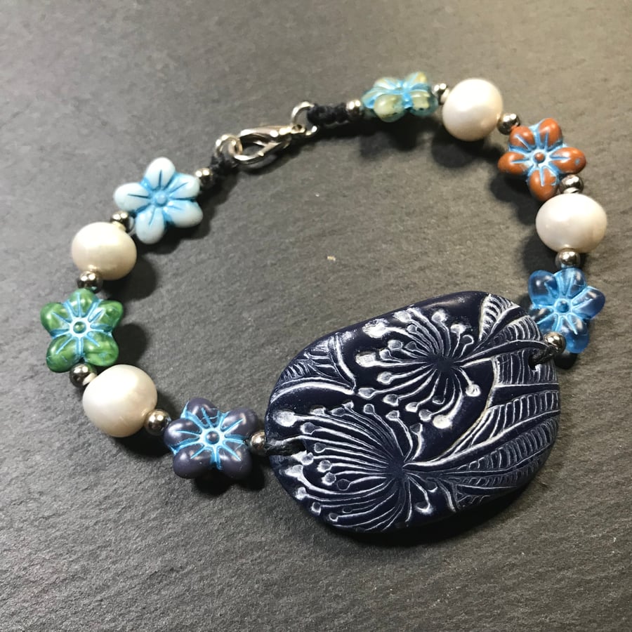 Artisan polymer clay, Czech glass and freshwater pearl bracelet