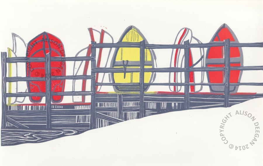 Upnor Dinghies (Red) lino print boats