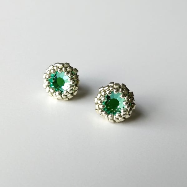 Stud Earrings in Mint Green and Silver