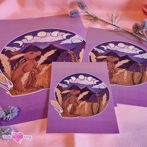 Clover And The Moons A5 Art Print - Original Character - Hare And Moon Phases