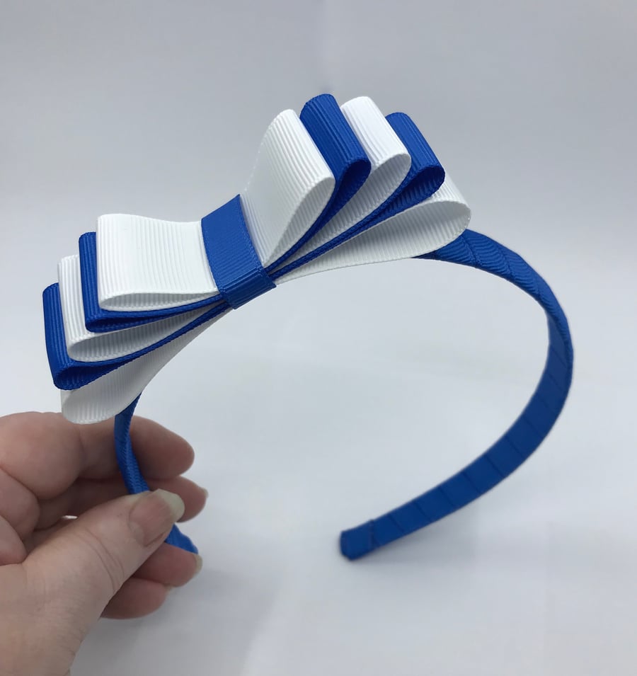 Royal Blue Hairband with 5 Layer Royal Blue and White Two-tone Straight Bow