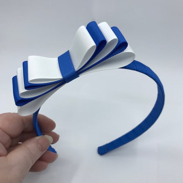 Royal Blue Hairband with 5 Layer Royal Blue and White Two-tone Straight Bow