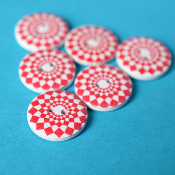 Wooden Red & White Geometric Buttons 6pk 20mm (MZ11)