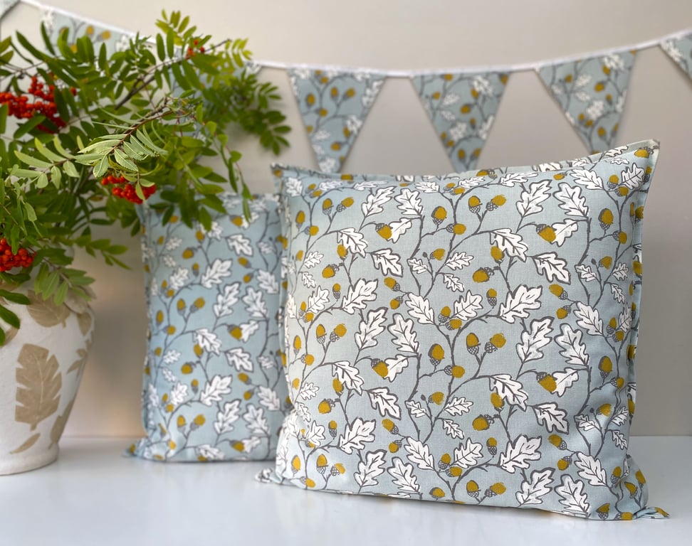 Clarke and Clarke Acorn Duck Egg Blue Mustard Cushion Cover Oak Leaves Decor