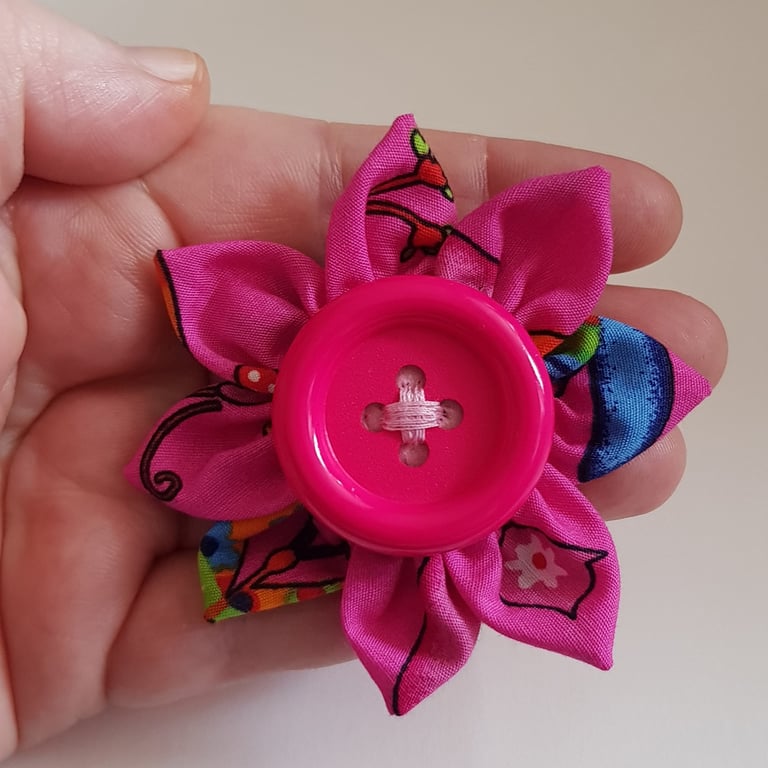 Pink Fabric Flower Brooch with Button Centre - Bright Textile Flower Pin