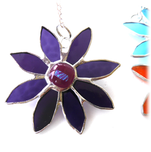 Stained Glass Suncatcher Daisy Dichroic Purple Handmade 007