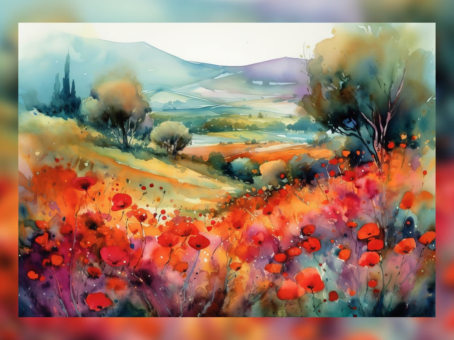 Poppy Field, Watercolor Painting Print, Floral Themed Art 5"x7"