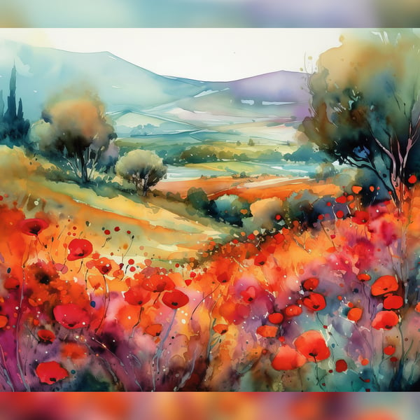 Poppy Field, Watercolor Painting Print, Floral Themed Art 5"x7"