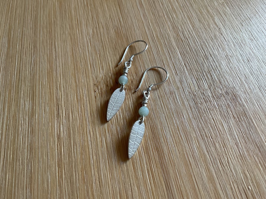 Sterling silver textured leaf and Jade long drop gemstone earrings