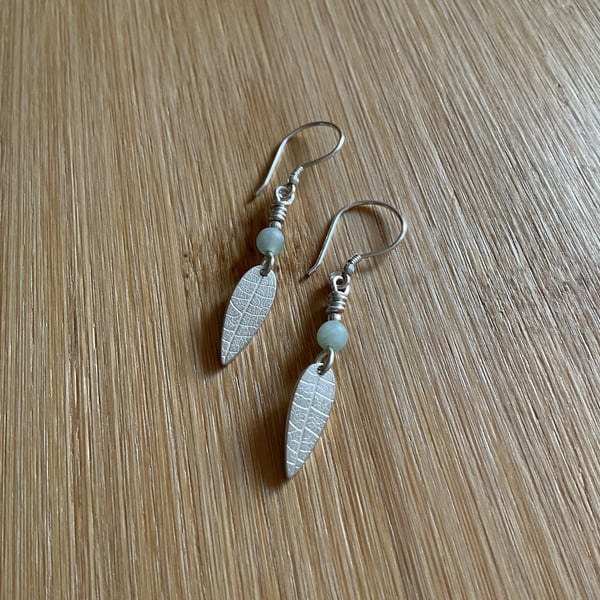 Sterling silver textured leaf and Jade long drop gemstone earrings