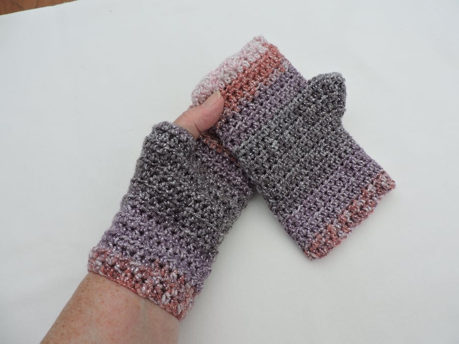 Fingerless Mittens Lilac Pink Grey with Sparkle