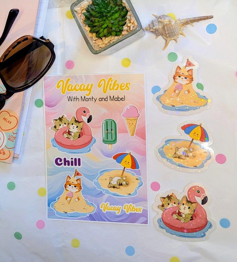 Vacay Vibes Cat Stickers, Holographic Beach Journaling Decal bundle, Ice creams