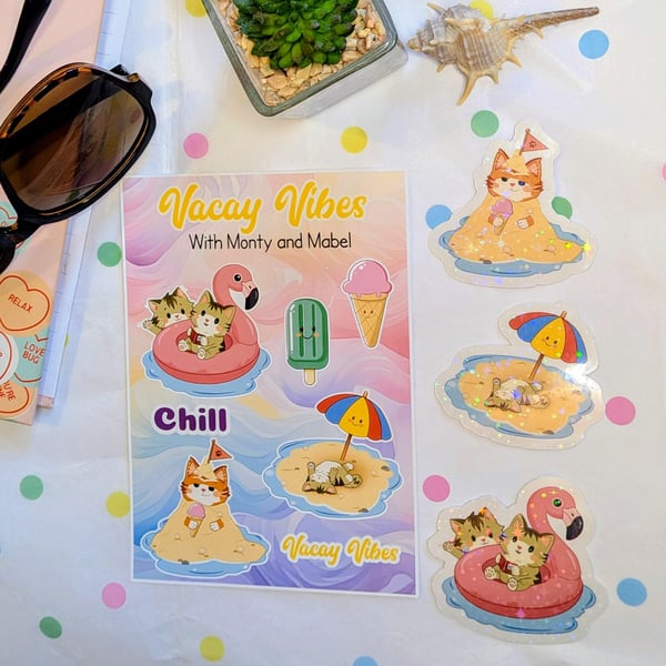 Vacay Vibes Cat Stickers, Holographic Beach Journaling Decal bundle, Ice creams