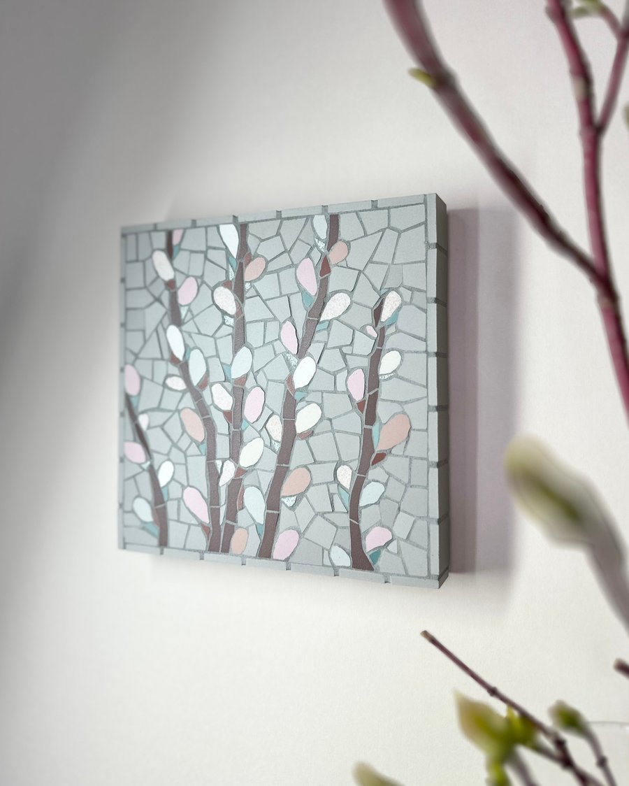 Original Floral Art - Pussy Willow Mosaic in Pink and Grey