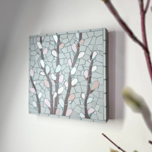 Mosaic Floral Art - Pussy Willow Mosaic Wall Plaque in Pink and Grey