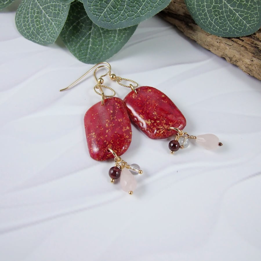 Earrings, 14ct Gold Filled and Red Marbled Polymer Clay & Gemstone