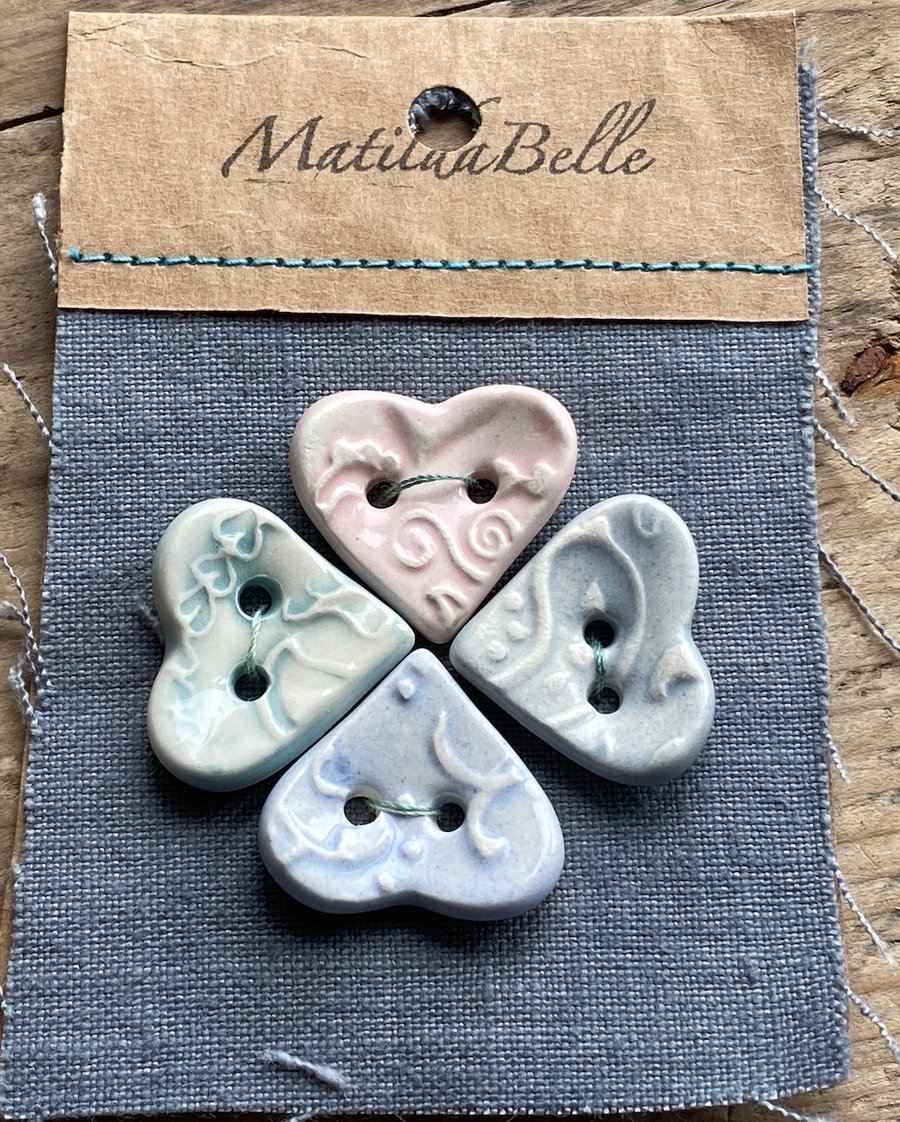 Buttons 24mm Handmade ceramic Heart buttons Set of four pastels