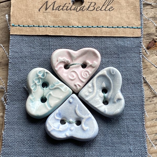 Buttons Handmade ceramic Heart buttons Set of four pastels