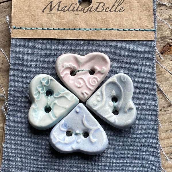 Buttons 24mm Handmade ceramic Heart buttons Set of four pastels