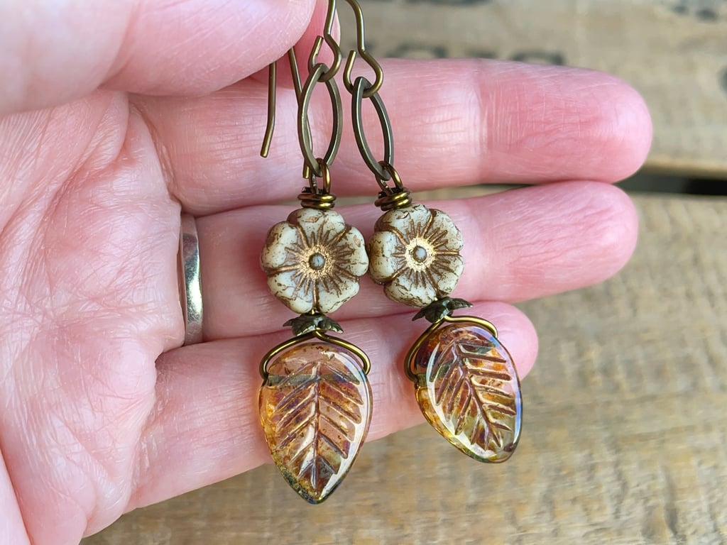 Amber Czech Glass Leaf Earrings with Rustic Cream Flowers and Antiqued Brass