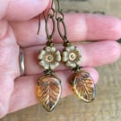 Amber Czech Glass Leaf Earrings with Rustic Cream Flowers and Antiqued Brass