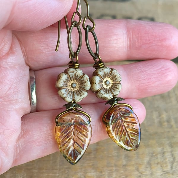 Amber Czech Glass Leaf Earrings with Rustic Cream Flowers and Antiqued Brass