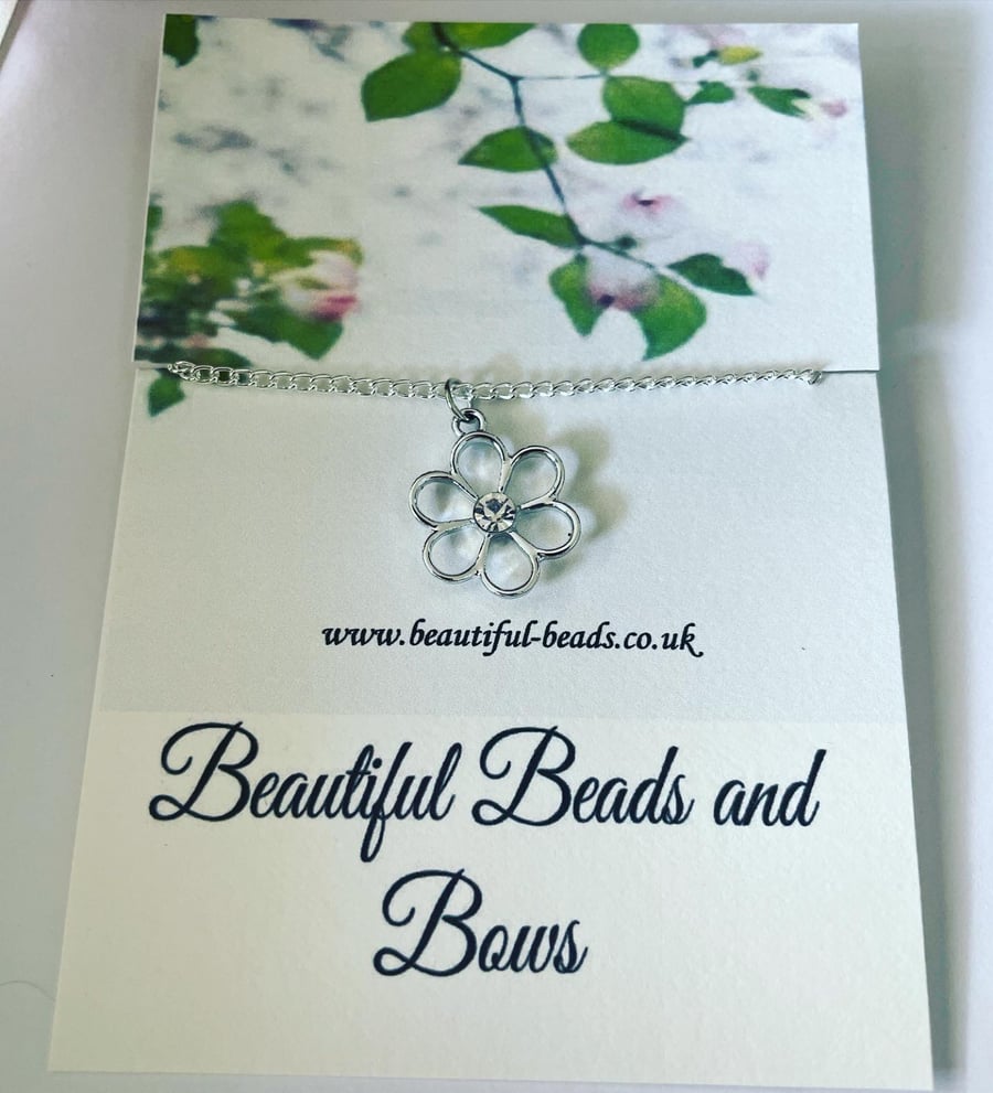 Flower rhinestone necklace Silvertone pendant lobster clasp 16 inches