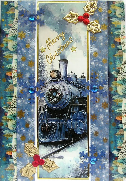 Hand Crafted Decoupage Chistmas Card - Merry Christmas (3208) Steam Train