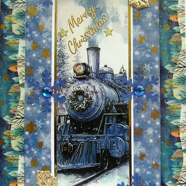 Hand Crafted Decoupage Chistmas Card - Merry Christmas (3208) Steam Train