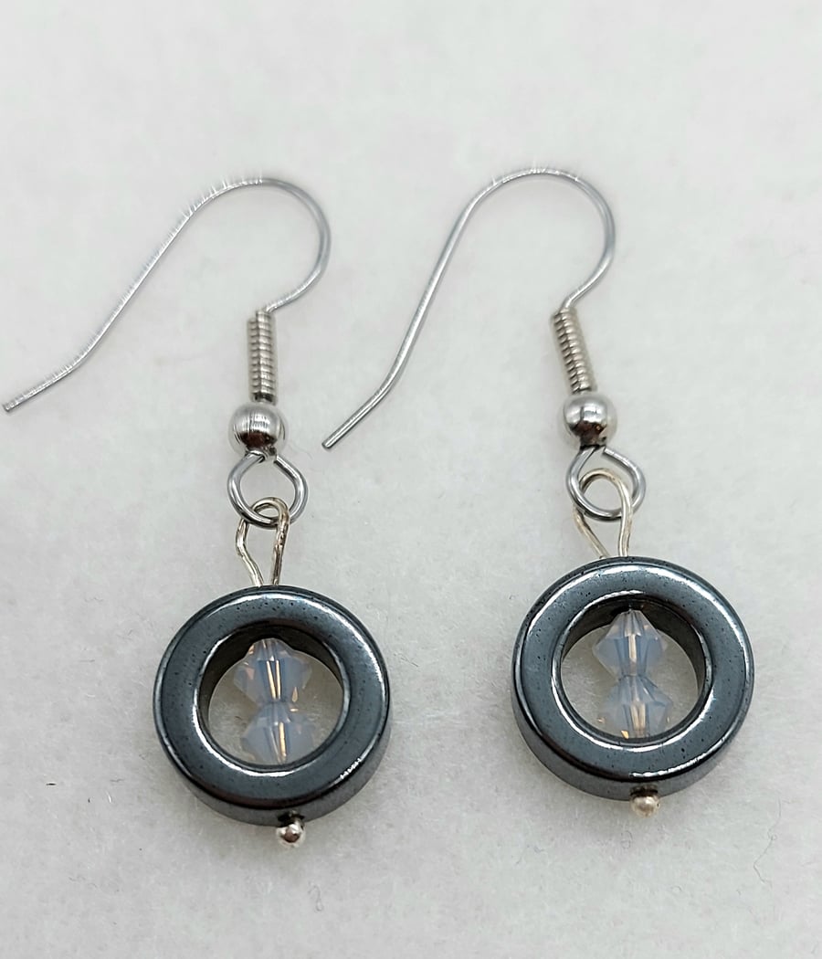 Dainty Hematite Circle and swarovski beads Earrings