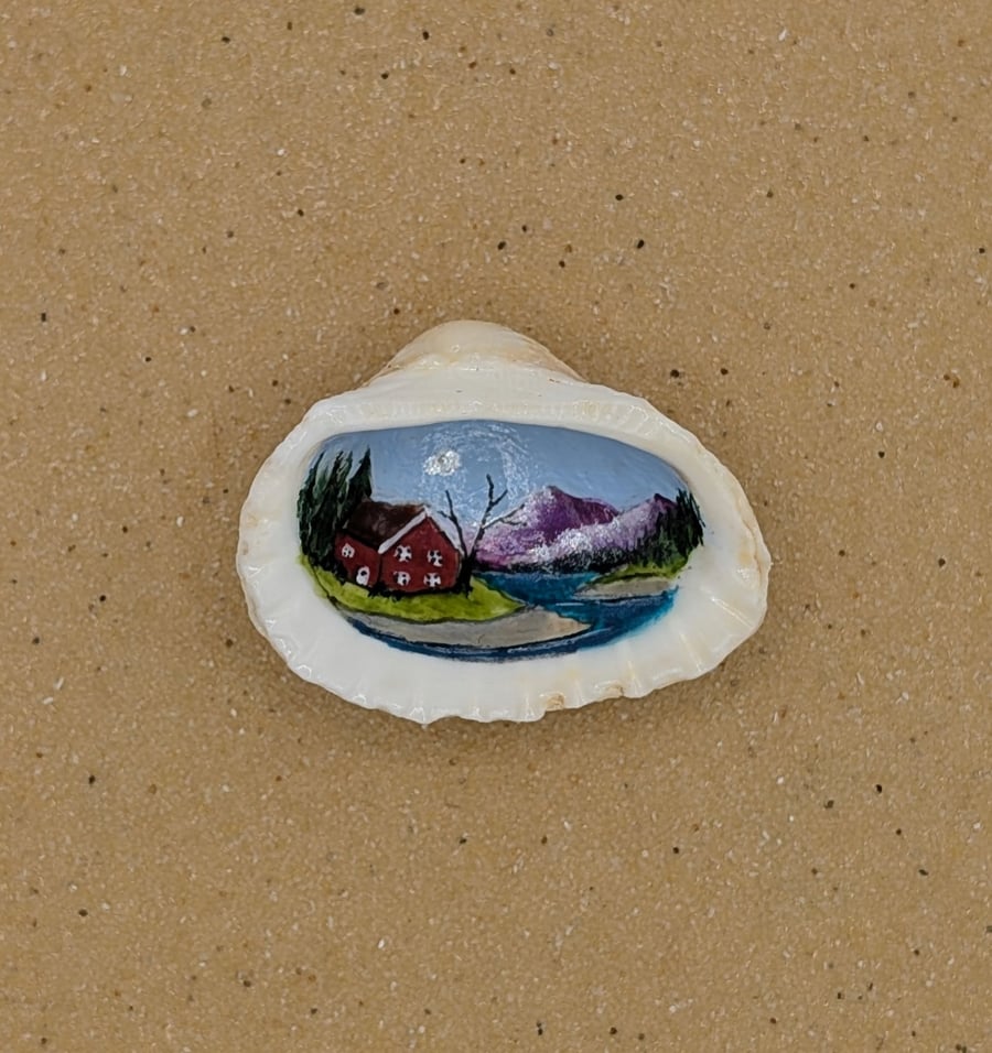 Scandi Inspired Lakeside Cottage Original Shell Painting