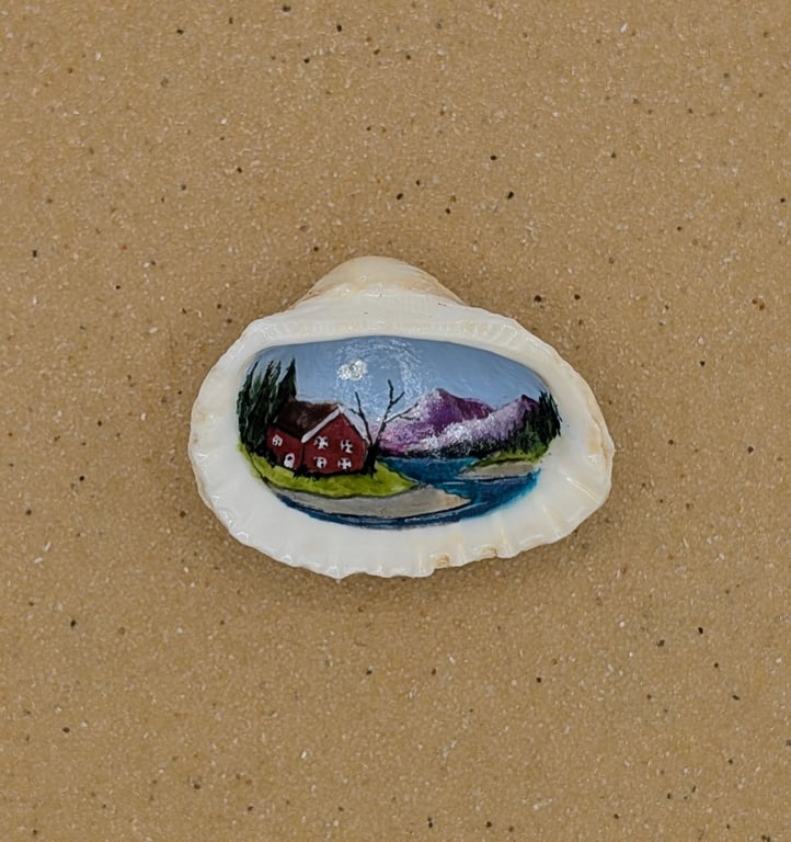 Scandi Inspired Lakeside Cottage Original Shell Painting