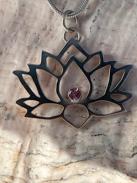 Silver lotus flower with pink tourmaline pendant