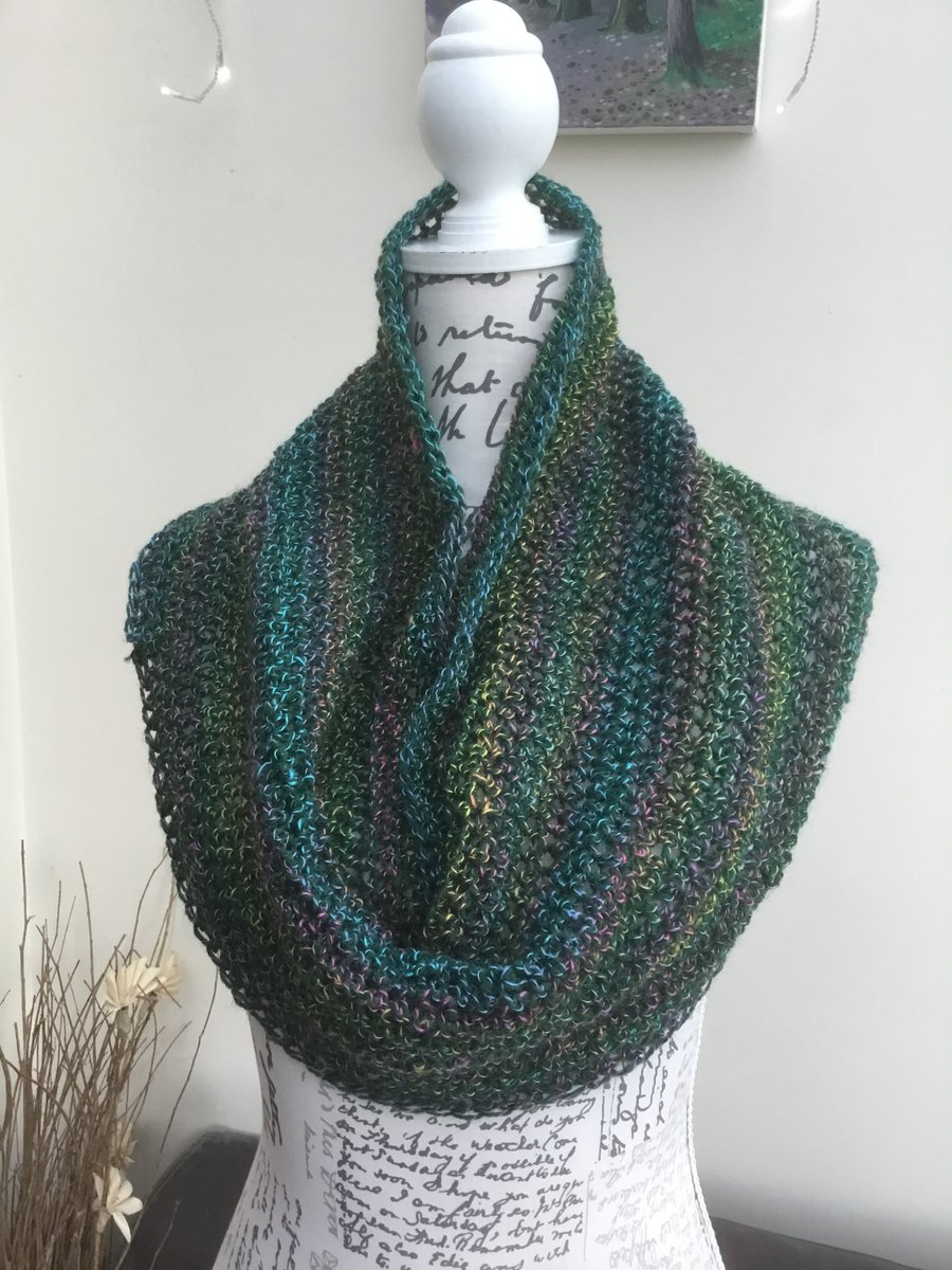 Peacock Tones!  Crocheted Infinity Scarf in Denys Brunton Designer Yarn.