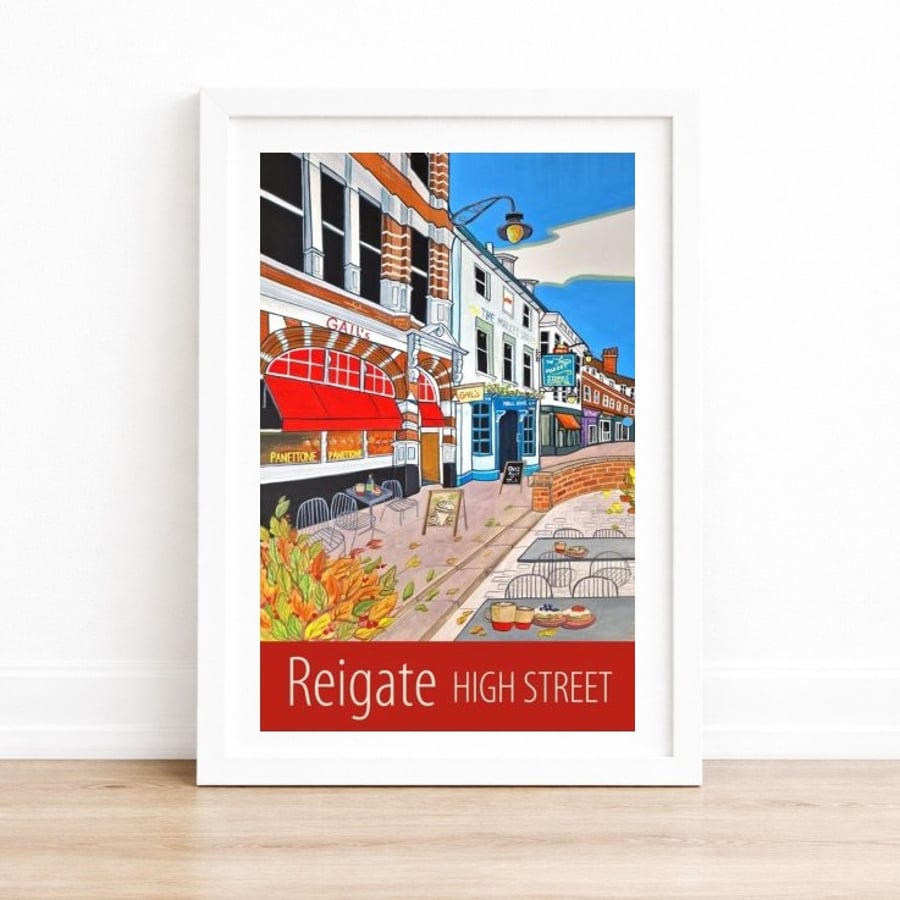 Reigate High Street travel poster print by Susie West
