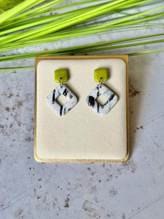 Colour & Monochrome - Metallic Green Square and Diamond Earrings
