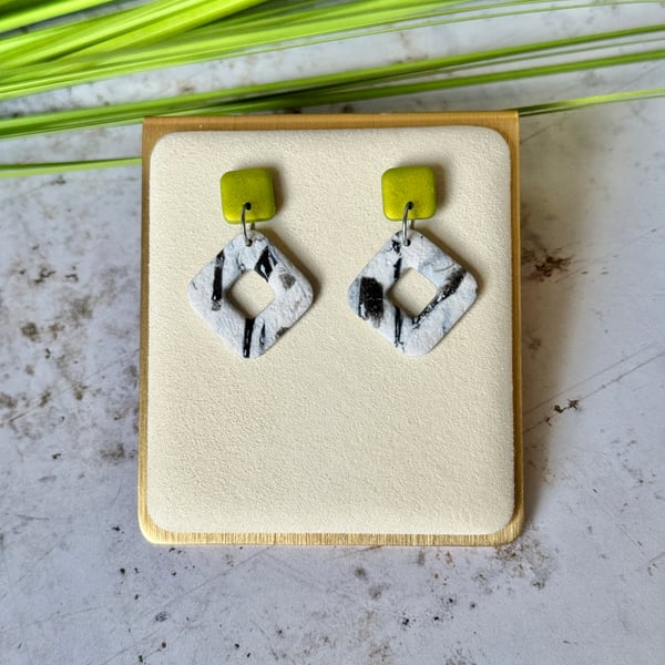 Colour & Monochrome - Metallic Green Square and Diamond Earrings