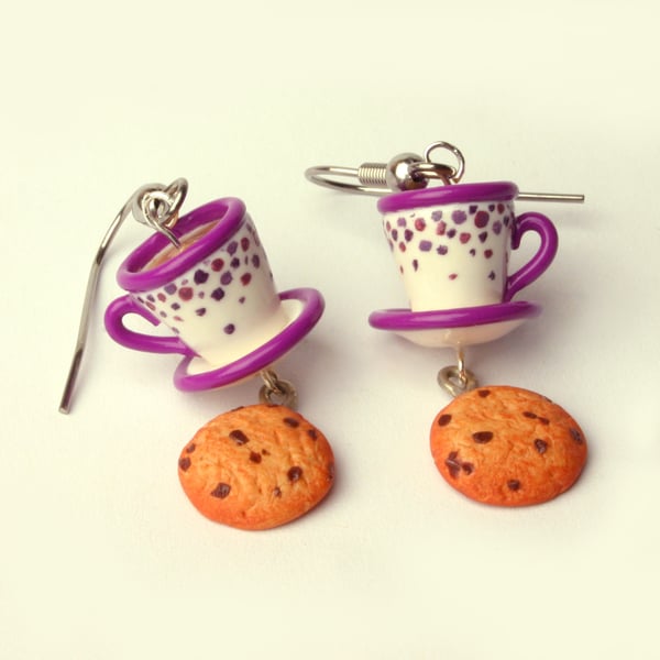 Tea and Biscuit earrings - purple dotty with cookie