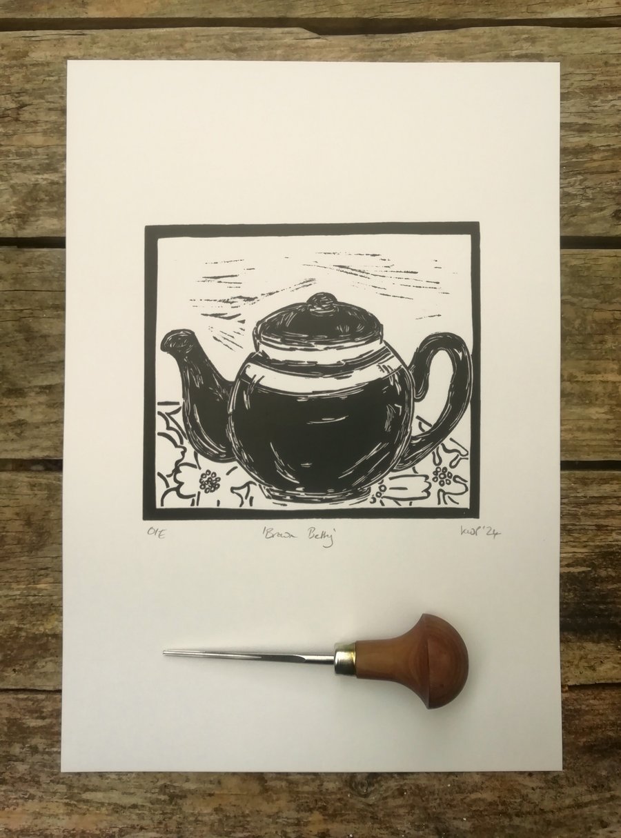 ‘Brown Betty’ Teapot print – Original hand crafted linocut A4 by Kathryn.Prints