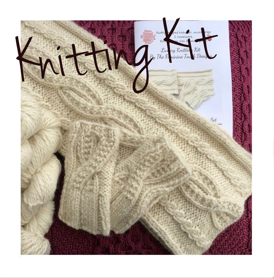 Alpaca Cable Scarf and hand warmer knitting kit   LAST ONE