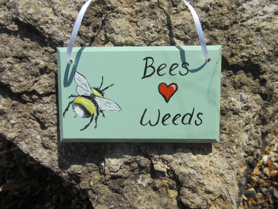 Bee Sign Wildflower Garden Hand Painted Hanging Plaque Weeds and Bees