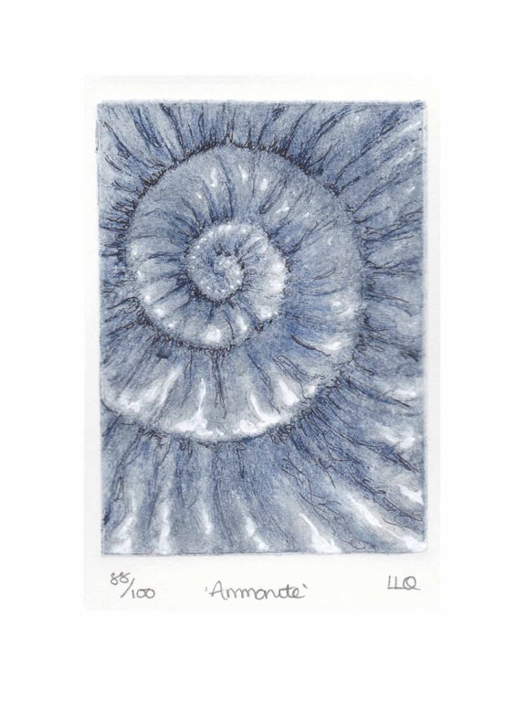 Etching no.88 of an ammonite fossil with mixed media in an edition of 100