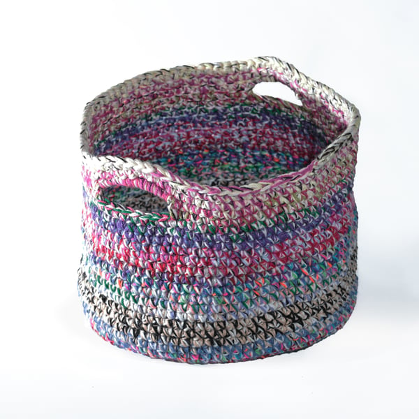 Medium-large crochet basket made with upcycled multicolour yarn.  Free delivery!