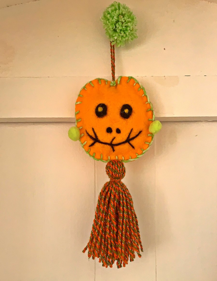 Pumpkin Doll, Ooak Halloween Felted Figure, Hangable Pumpkin, Pumpkin bag charm