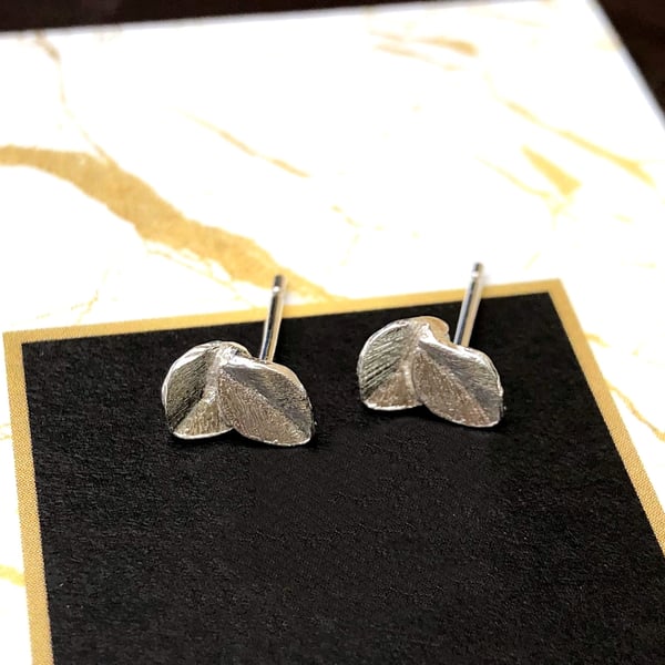 Mini Leaf Earrings, Sterling Silver Botanical Stud
